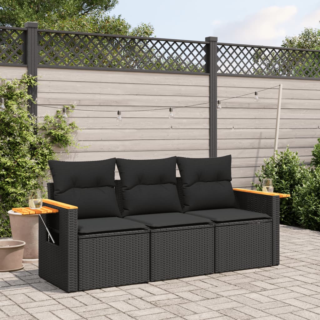 HKH 3 Pcs Conjunto Sofás de Jardim com Almofadões Vime Pe - Preto