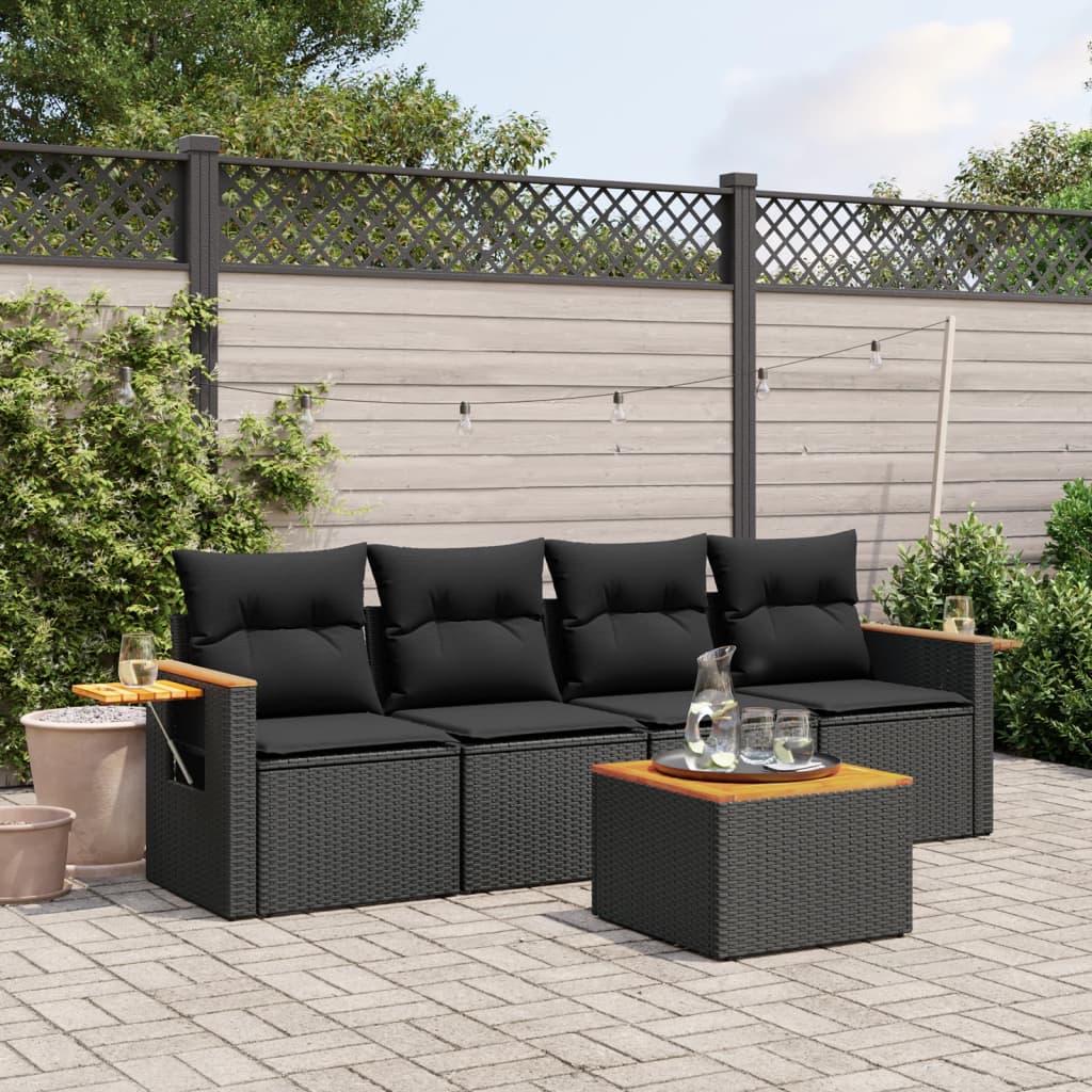 HKH 5 Pcs Conjunto Sofás de Jardim com Almofadões Vime Pe - Preto