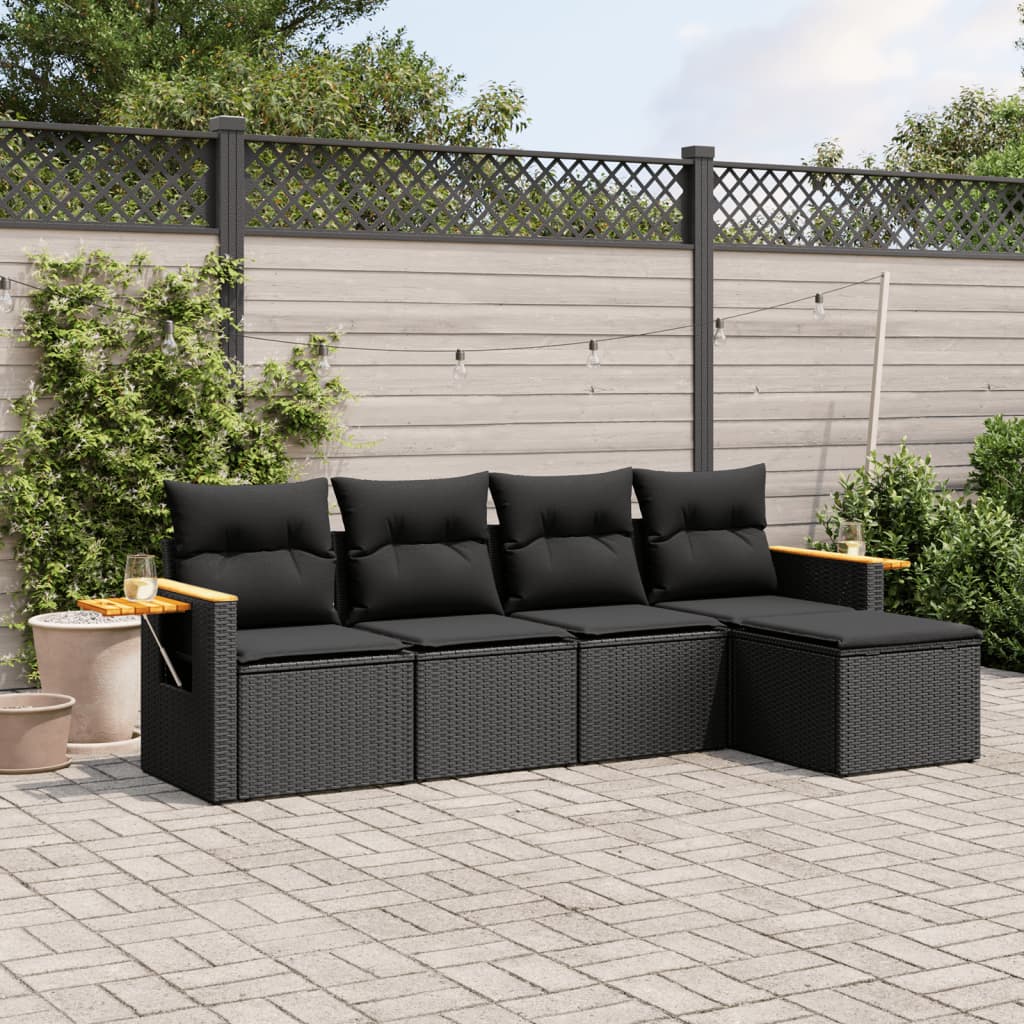 HKH 5 Pcs Conjunto Sofás de Jardim com Almofadões Vime Pe - Preto