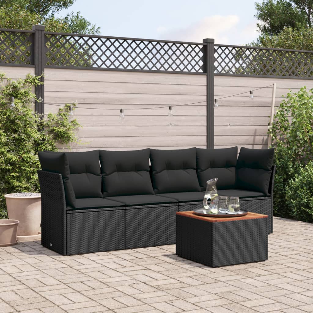HKH 5 Pcs Conjunto Sofás de Jardim com Almofadões Vime Pe - Preto