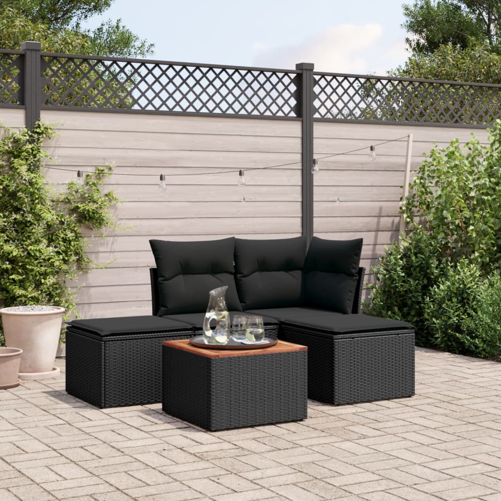 HKH 5 Pcs Conjunto Sofás de Jardim com Almofadões Vime Pe - Preto