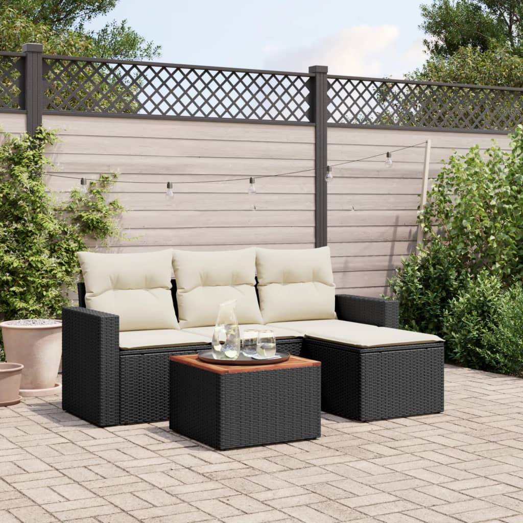 HKH 5 Pcs Conjunto Sofás de Jardim com Almofadões Vime Pe - Preto
