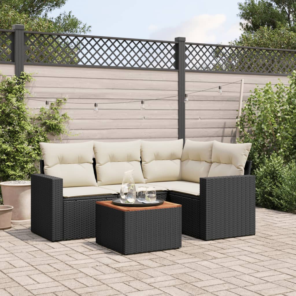 HKH 5 Pcs Conjunto Sofás de Jardim com Almofadões Vime Pe - Preto