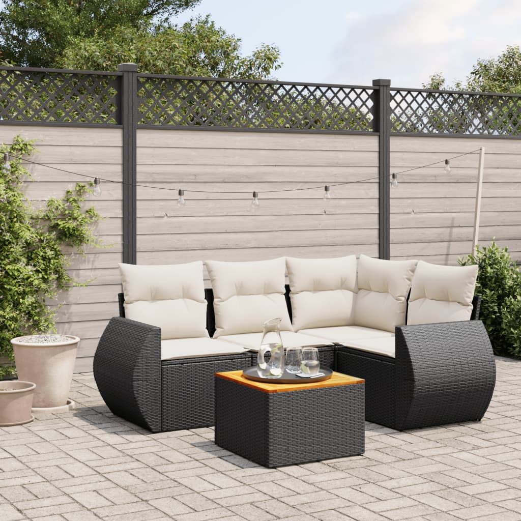 HKH 5 Pcs Conjunto Sofás de Jardim com Almofadões Vime Pe - Preto