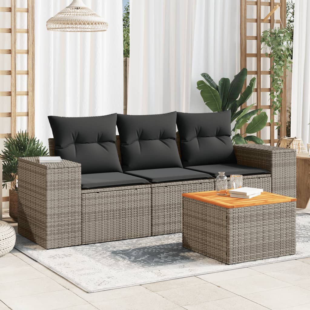 HKH 4 Pcs Conjunto Sofás de Jardim C/ Almofadões Vime Pe - Cinzento