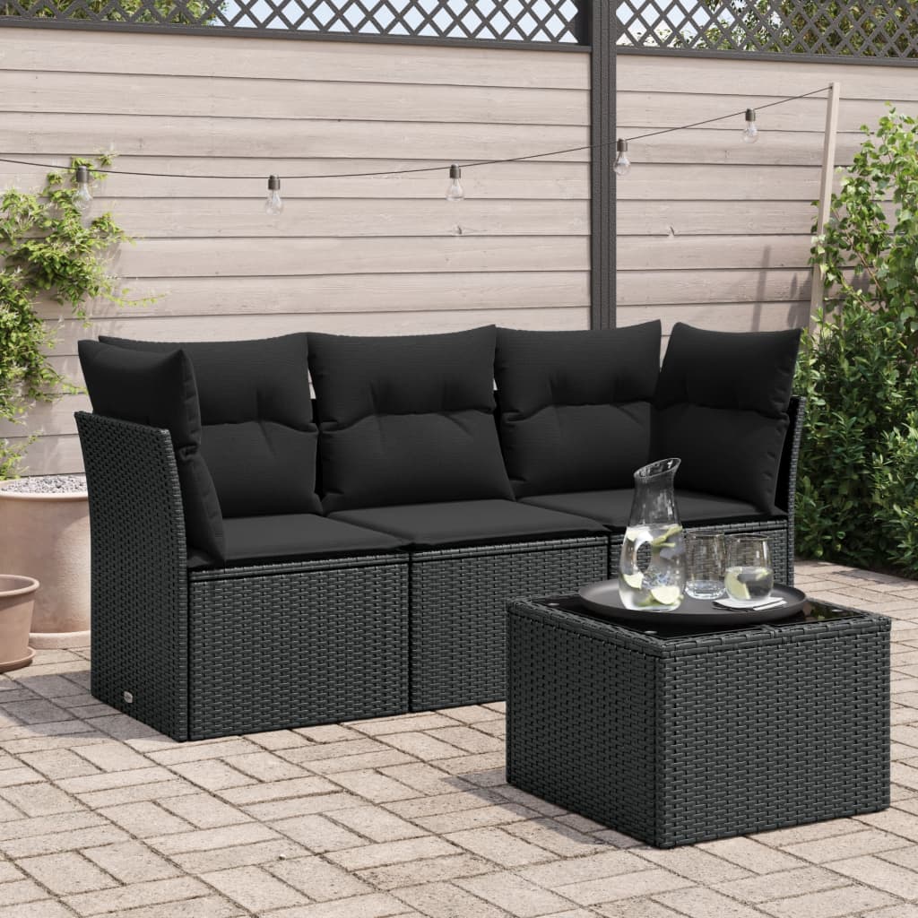 HKH 4 Pcs Conjunto de Sofás para Jardim C/ Almofadões Vime Pe - Preto