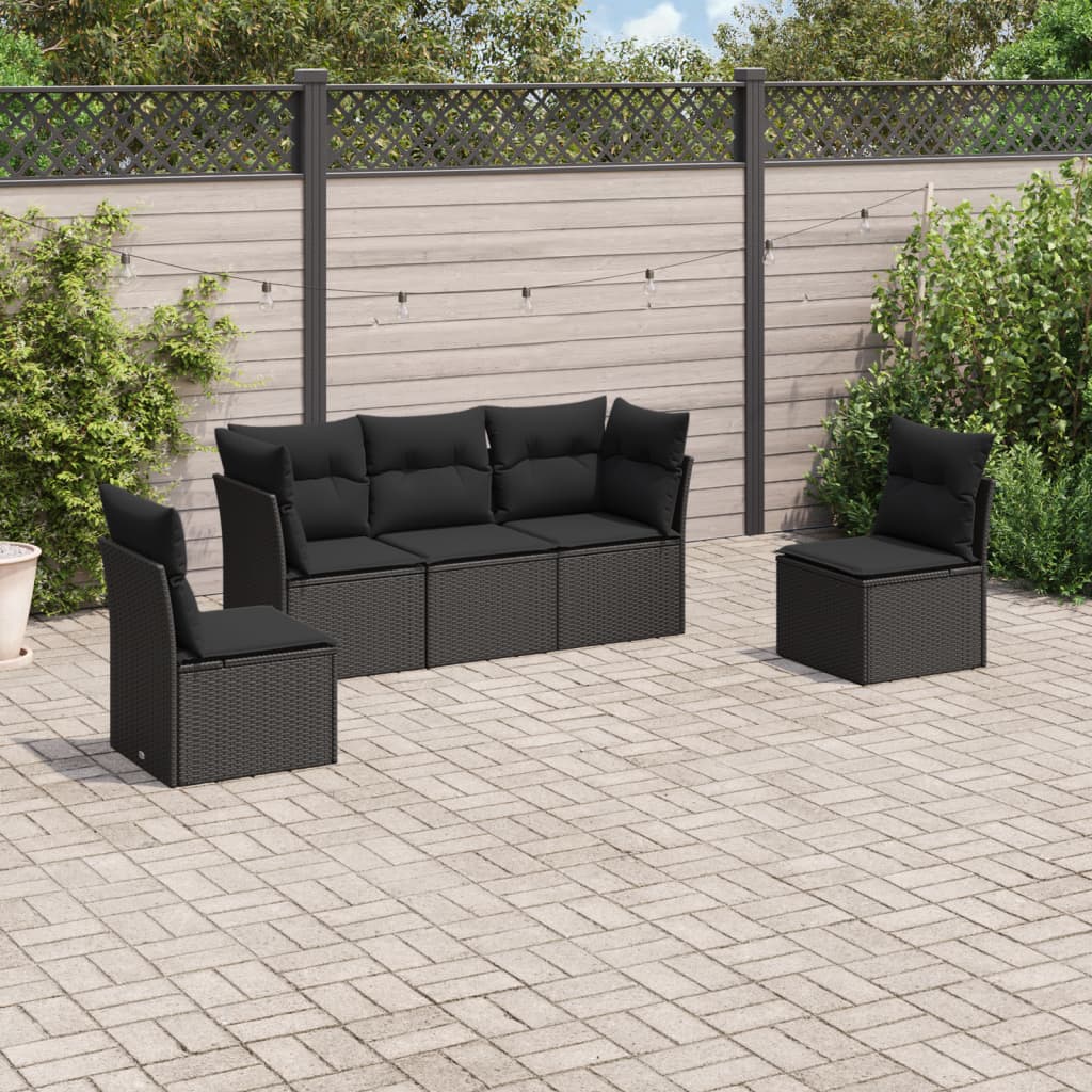 HKH 5 Pcs Conjunto Sofás de Jardim com Almofadões Vime Pe - Preto