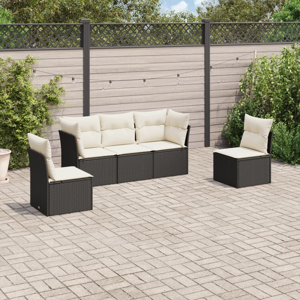 HKH 5 Pcs Conjunto Sofás de Jardim com Almofadões Vime Pe - Preto