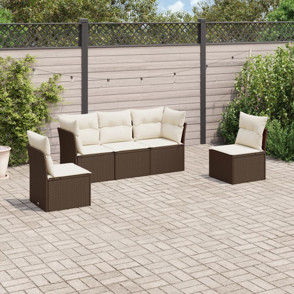HKH 5 Pcs Conjunto Sofás P/ Jardim C/ Almofadões Vime Pe Castanho - Marrom