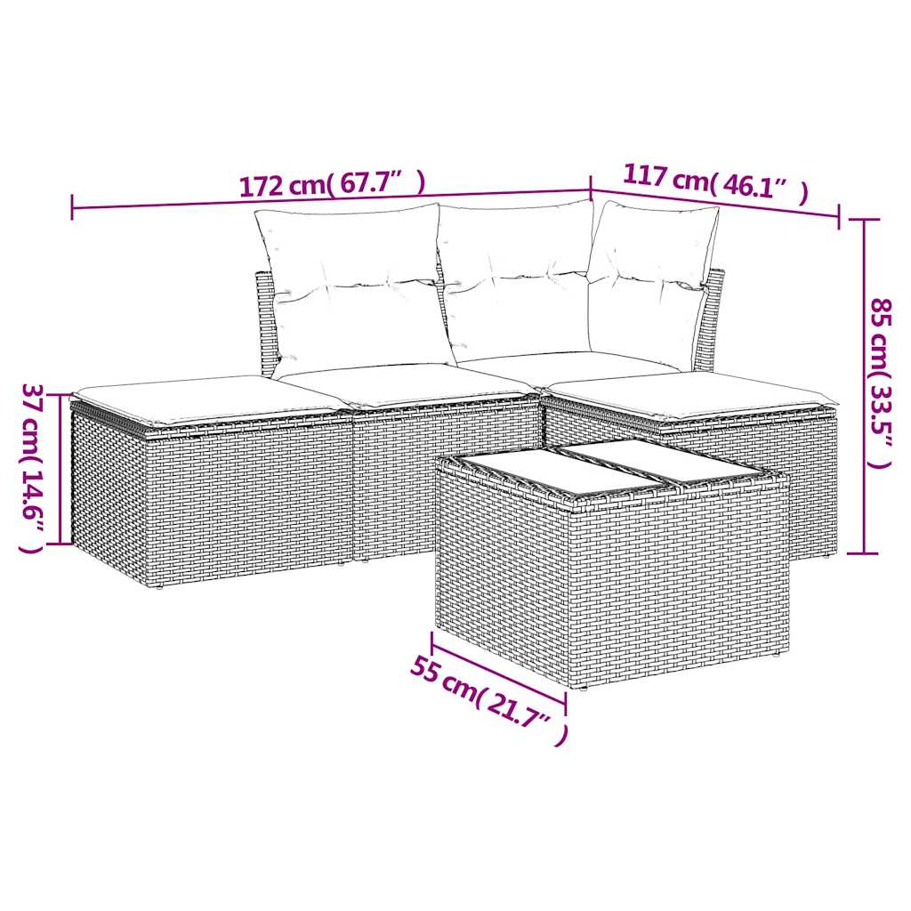 HKH 5 Pcs Conj. Sofás Jardim C/ Almofadões Vime Pe -claro - Cinzento