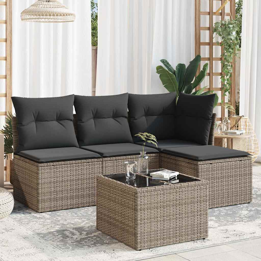 HKH 5 Pcs Conjunto Sofás de Jardim C/ Almofadões Vime Pe - Cinzento