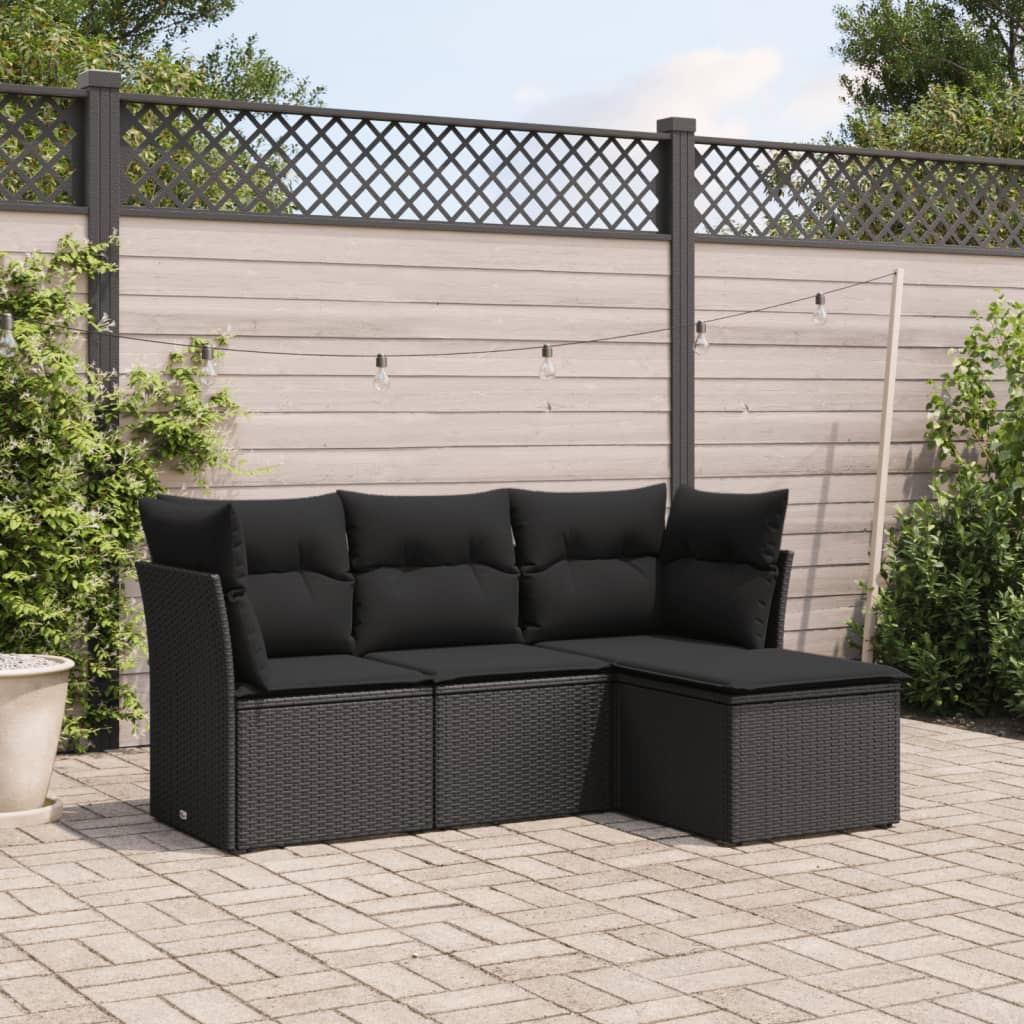 HKH 4 Pcs Conjunto de Sofás para Jardim C/ Almofadões Vime Pe - Preto