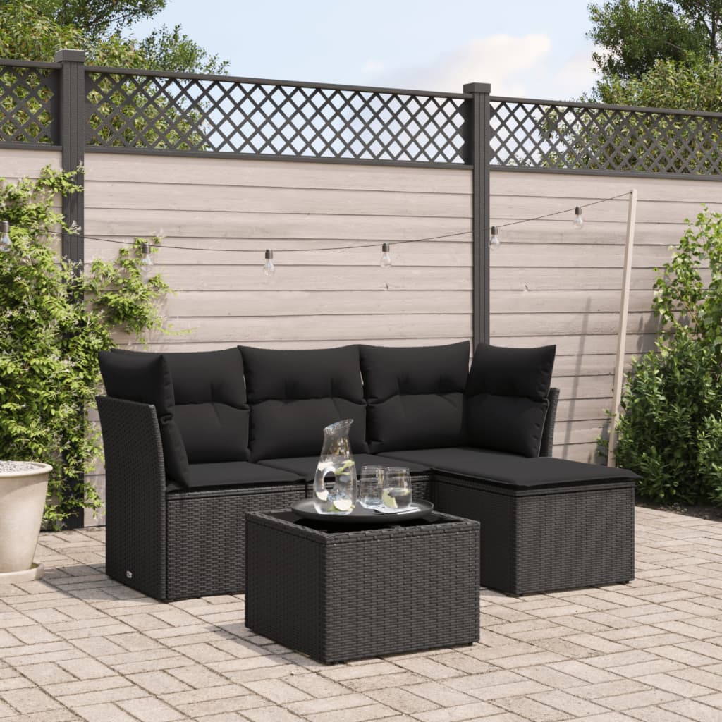 HKH 5 Pcs Conjunto Sofás de Jardim com Almofadões Vime Pe - Preto
