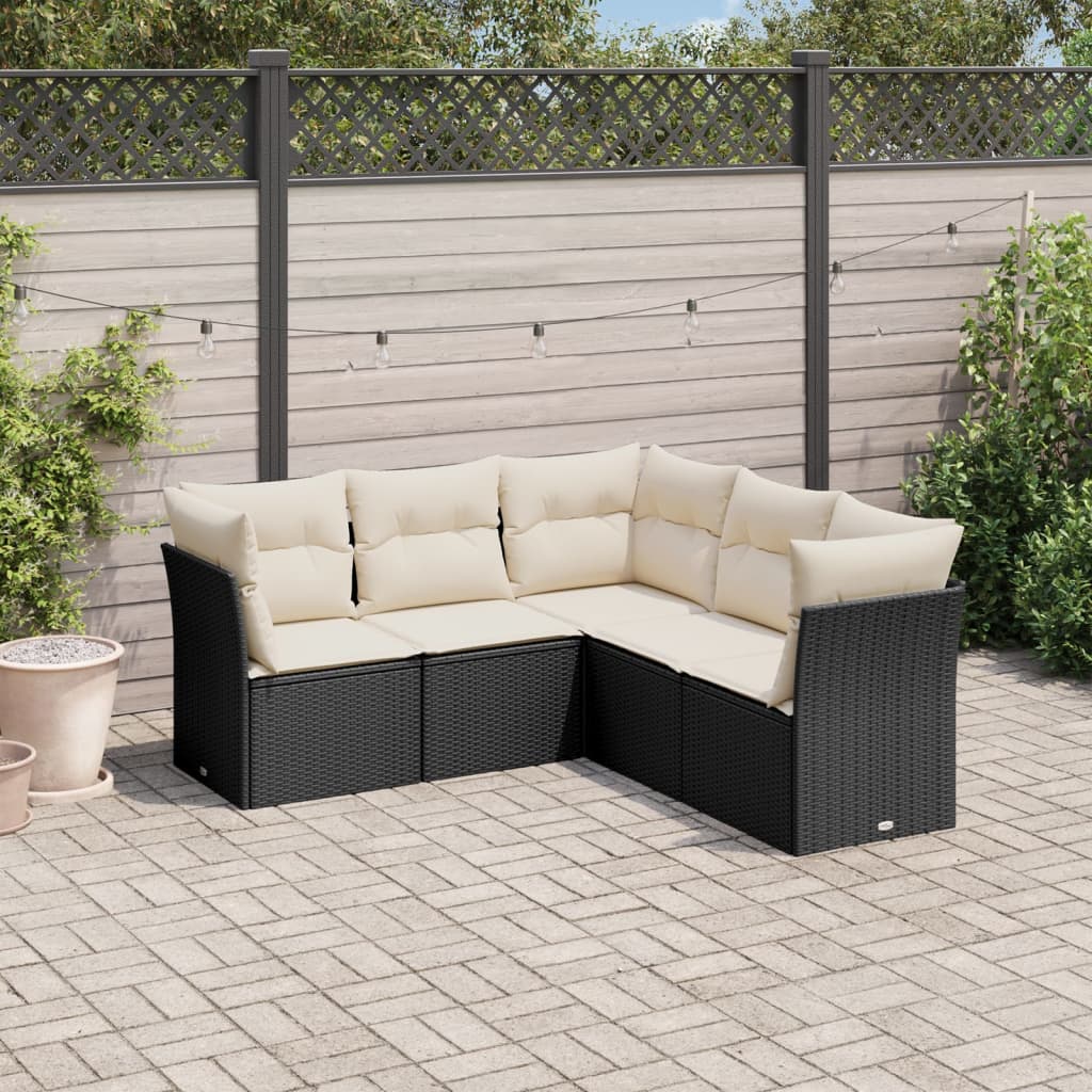 HKH 5 Pcs Conjunto Sofás de Jardim com Almofadões Vime Pe - Preto