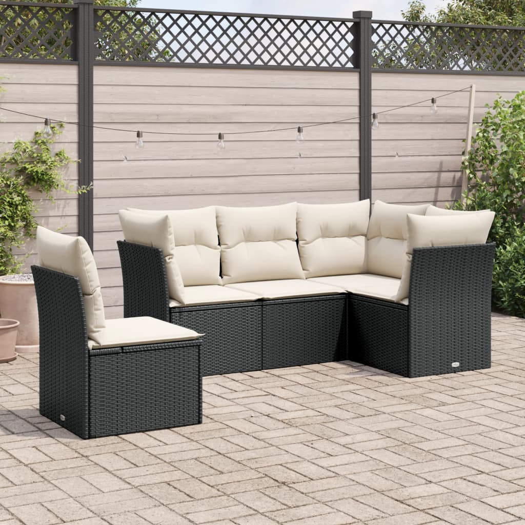 HKH 5 Pcs Conjunto Sofás de Jardim com Almofadões Vime Pe - Preto