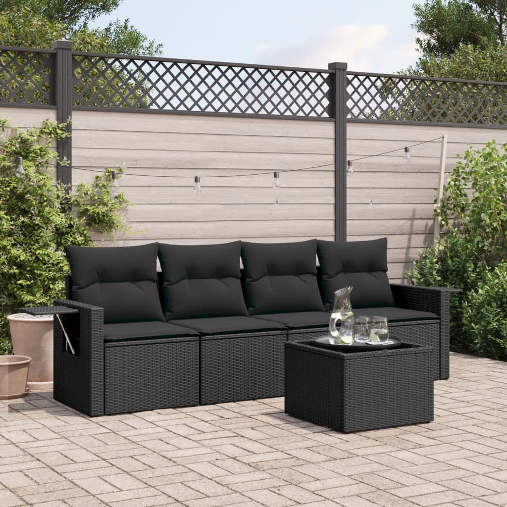 HKH 5 Pcs Conjunto Sofás de Jardim com Almofadões Vime Pe - Preto