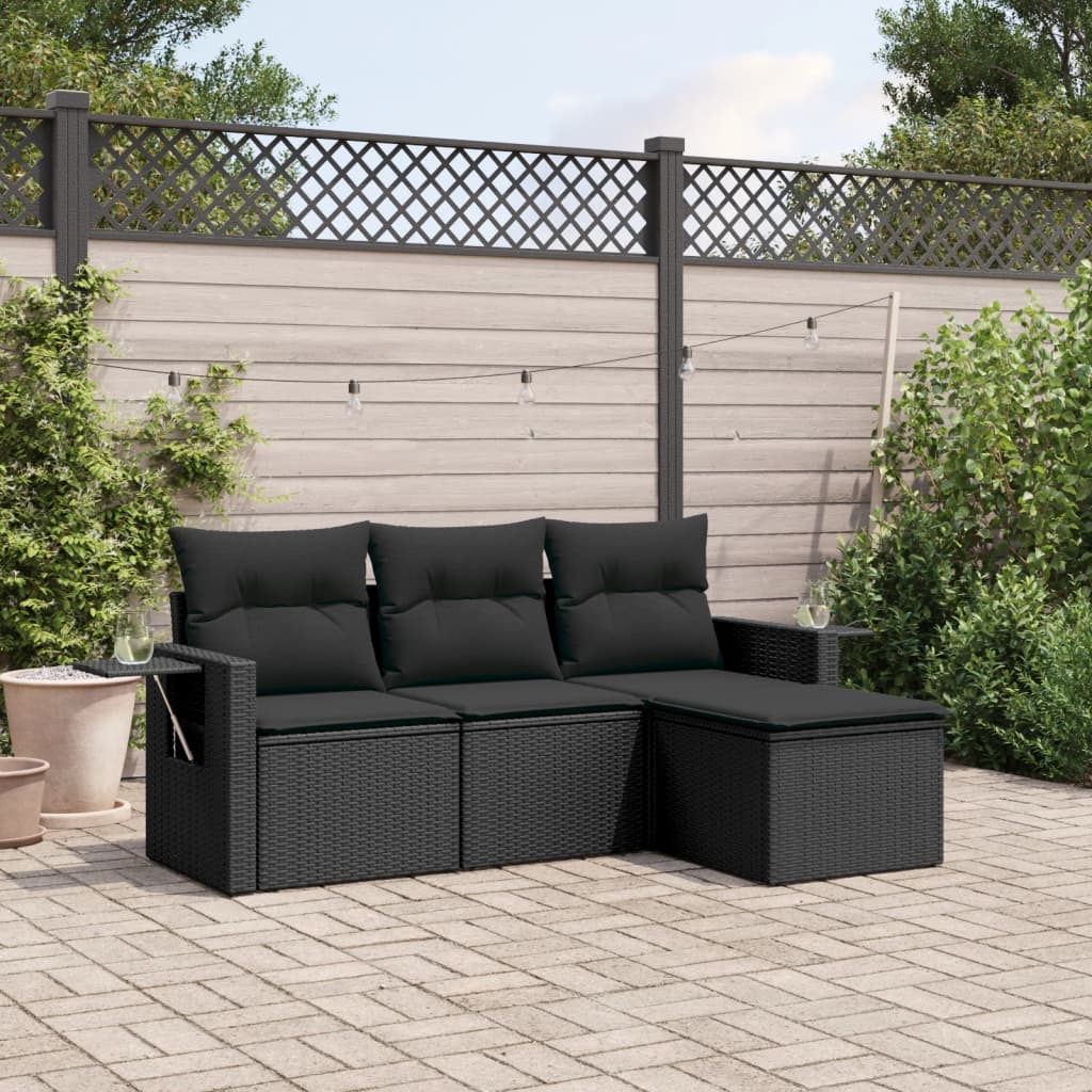 HKH 4 Pcs Conjunto de Sofás para Jardim C/ Almofadões Vime Pe - Preto