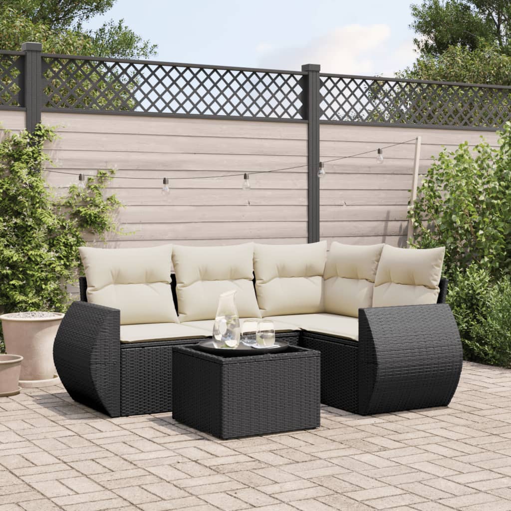 HKH 5 Pcs Conjunto Sofás de Jardim com Almofadões Vime Pe - Preto