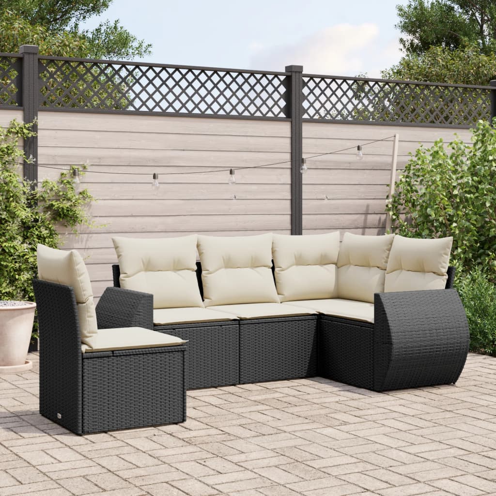 HKH 5 Pcs Conjunto Sofás de Jardim com Almofadões Vime Pe - Preto