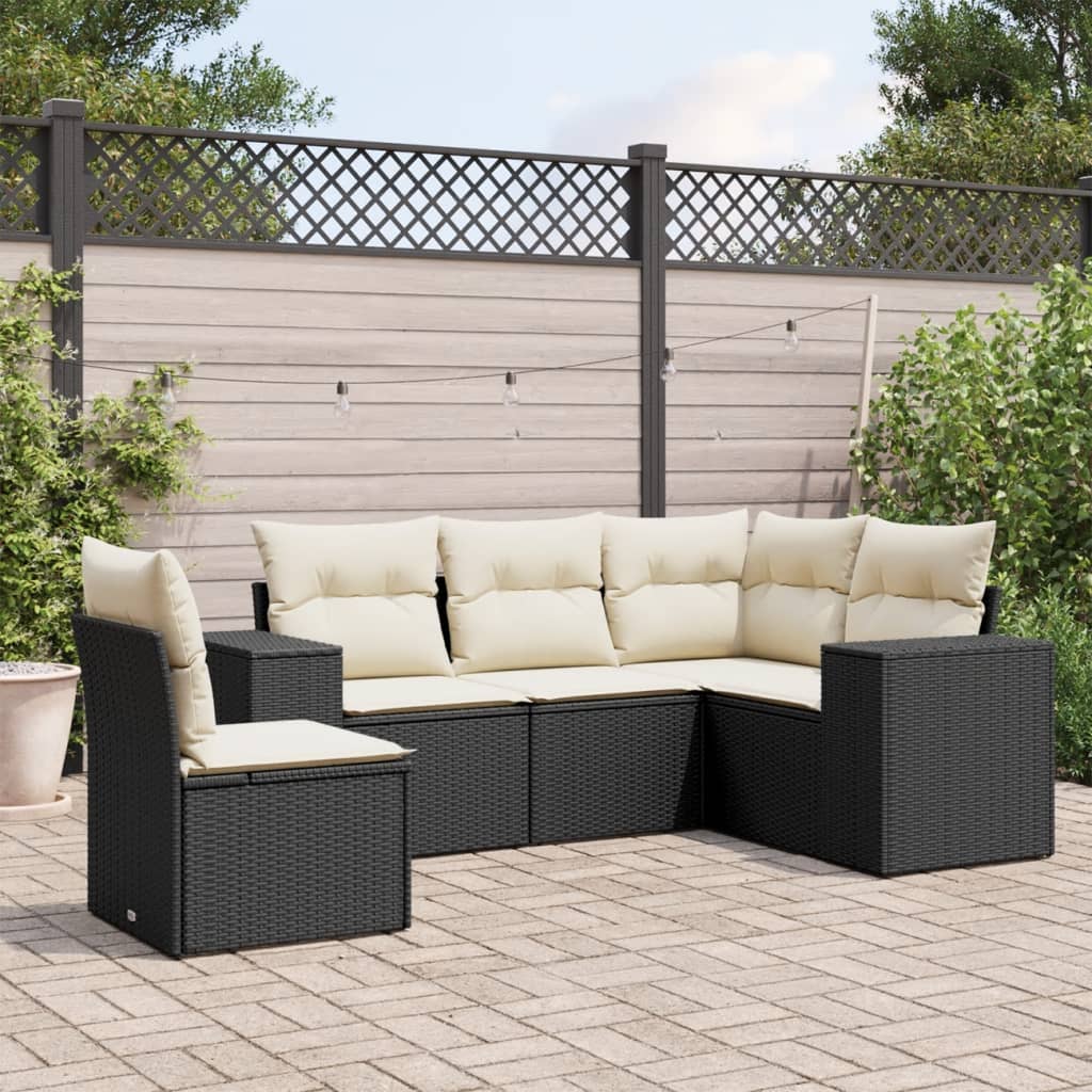 HKH 5 Pcs Conjunto Sofás de Jardim com Almofadões Vime Pe - Preto