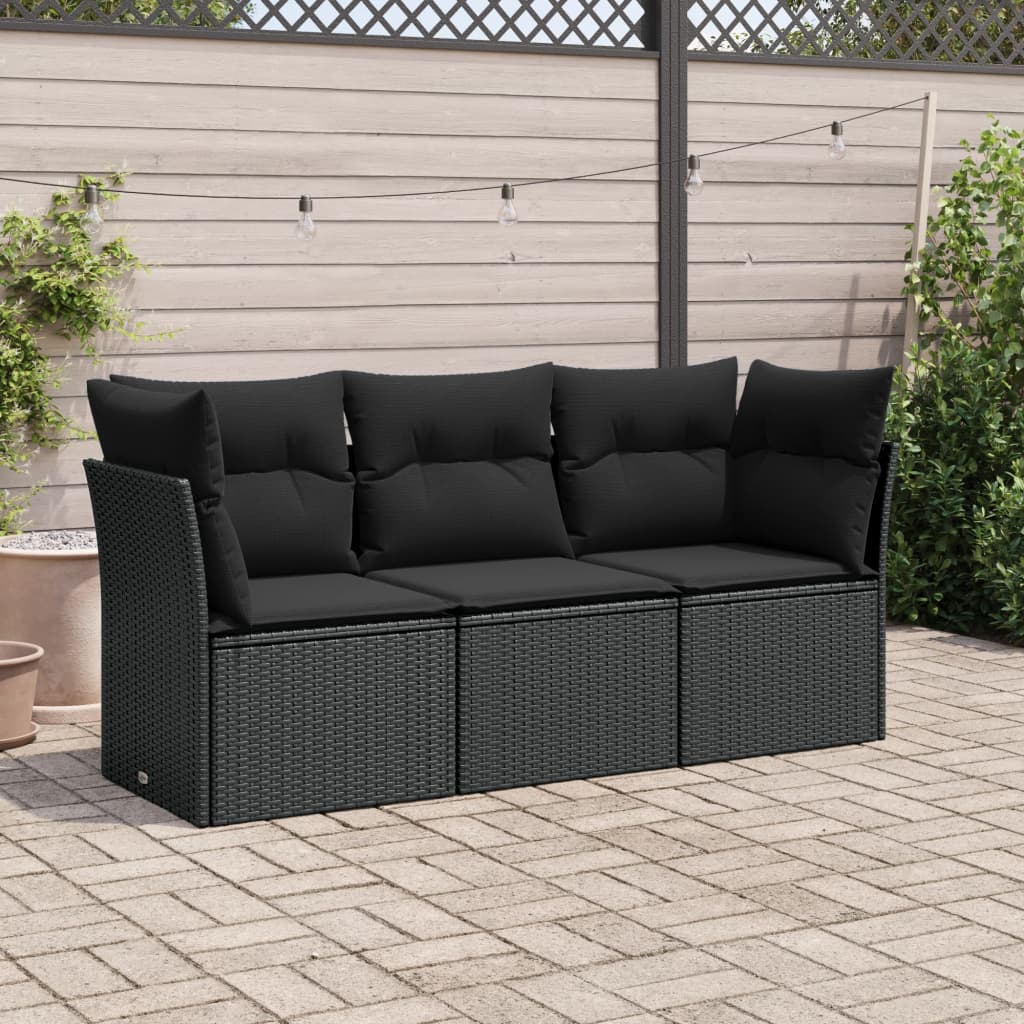 HKH 3 Pcs Conjunto Sofás de Jardim com Almofadões Vime Pe - Preto