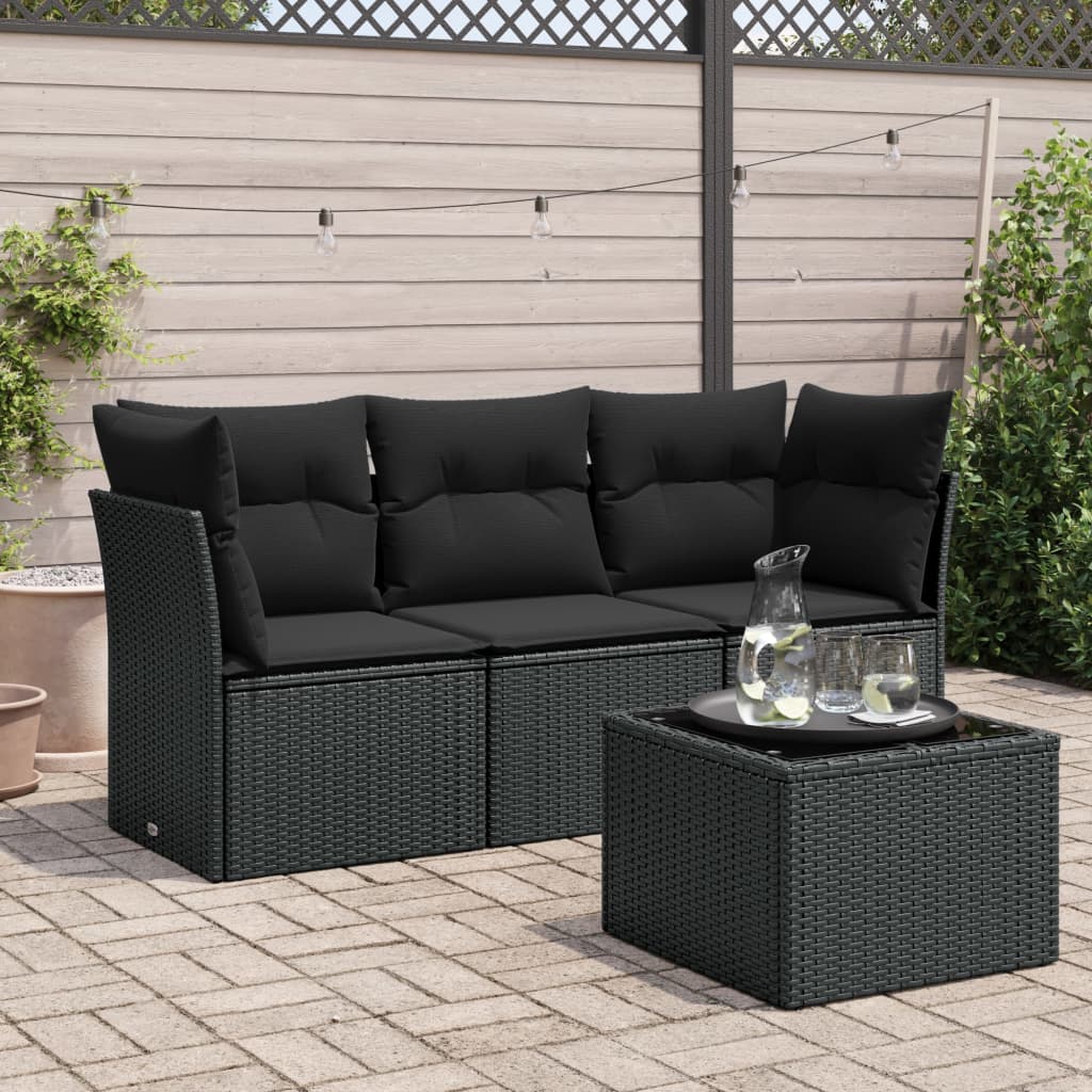 HKH 4 Pcs Conjunto de Sofás para Jardim C/ Almofadões Vime Pe - Preto