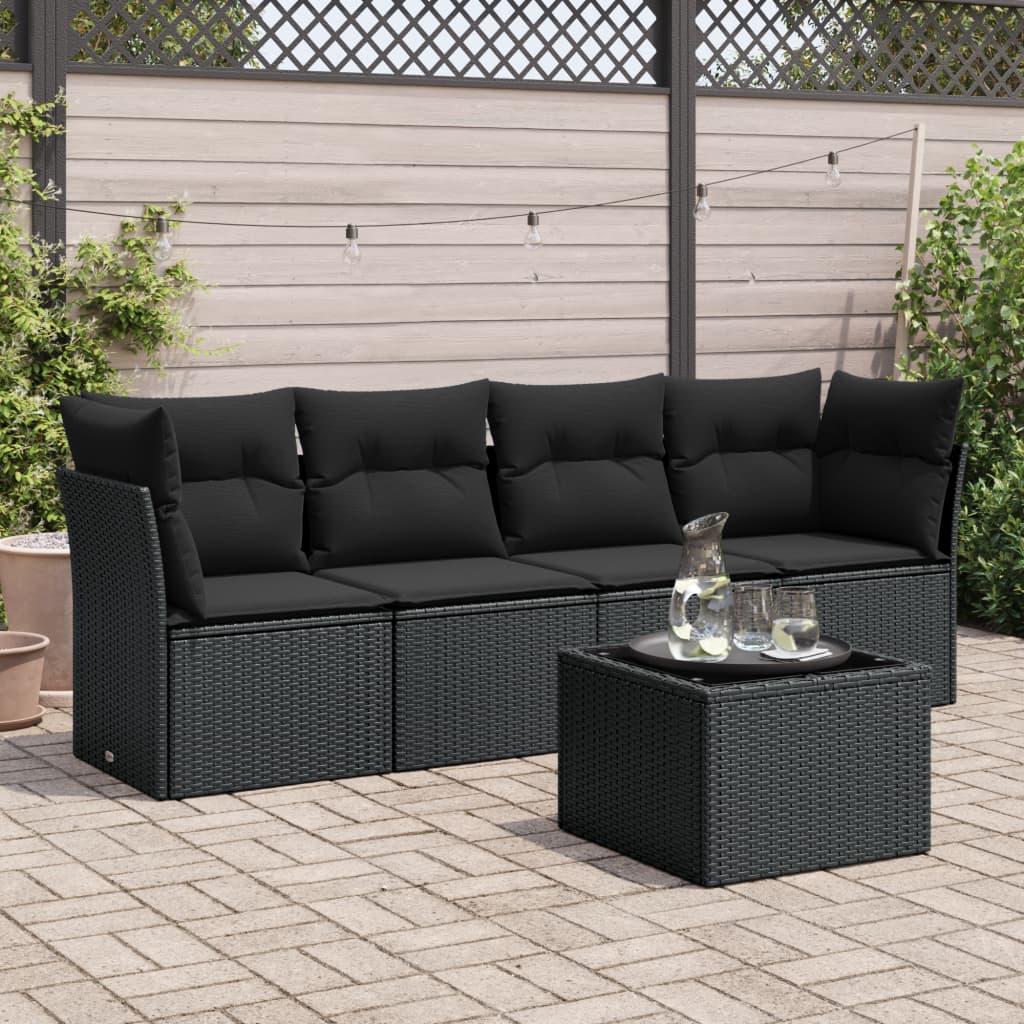 HKH 5 Pcs Conjunto Sofás de Jardim com Almofadões Vime Pe - Preto