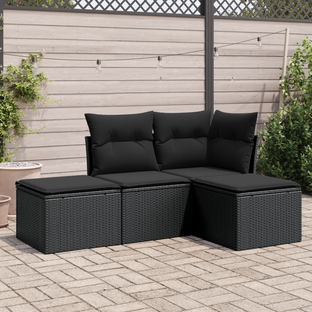 HKH 4 Pcs Conjunto de Sofás para Jardim C/ Almofadões Vime Pe - Preto