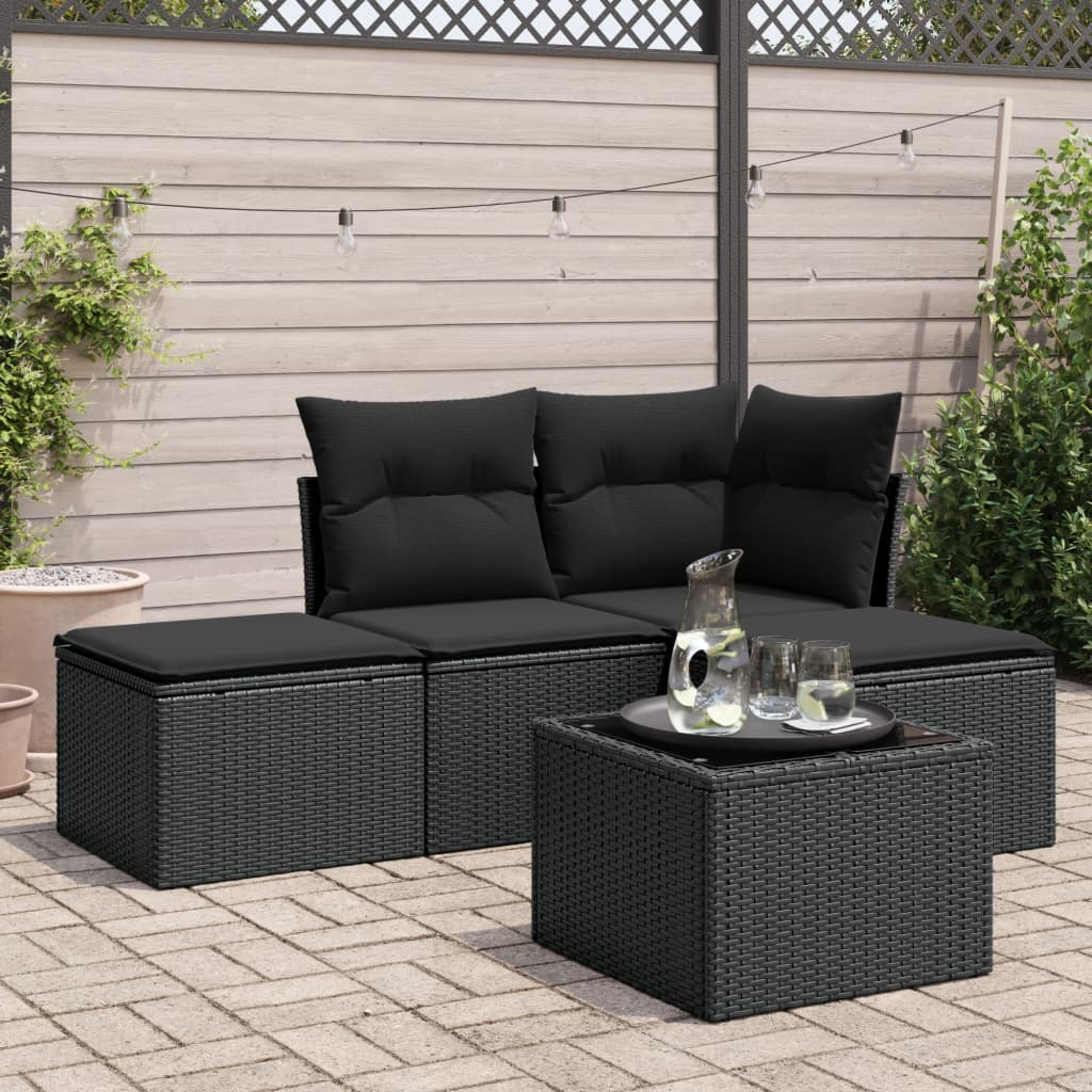 HKH 5 Pcs Conjunto Sofás de Jardim com Almofadões Vime Pe - Preto