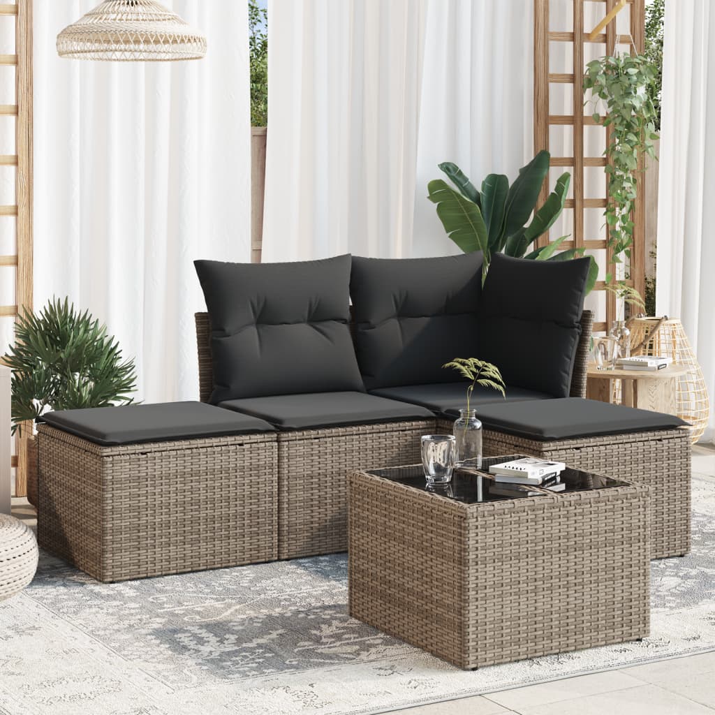 HKH 5 Pcs Conjunto Sofás de Jardim C/ Almofadões Vime Pe - Cinzento