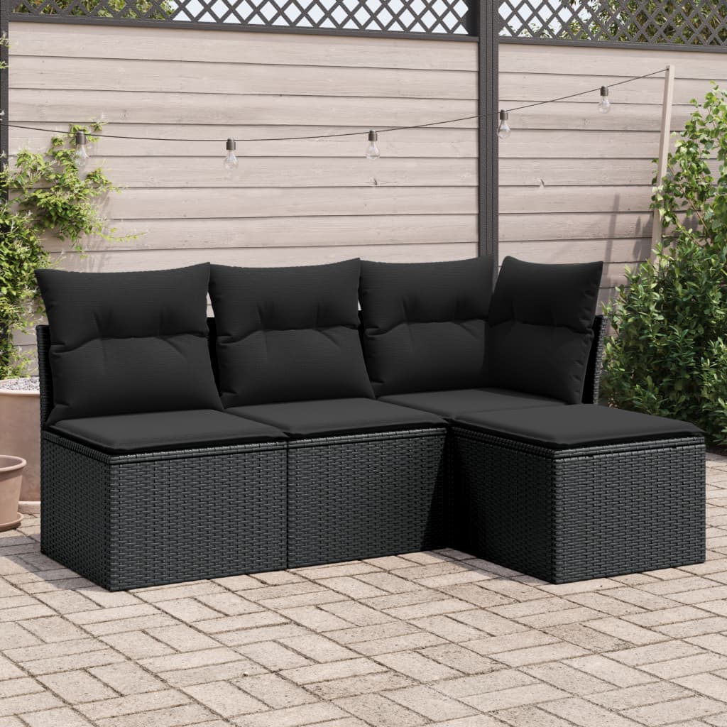 HKH 4 Pcs Conjunto de Sofás para Jardim C/ Almofadões Vime Pe - Preto