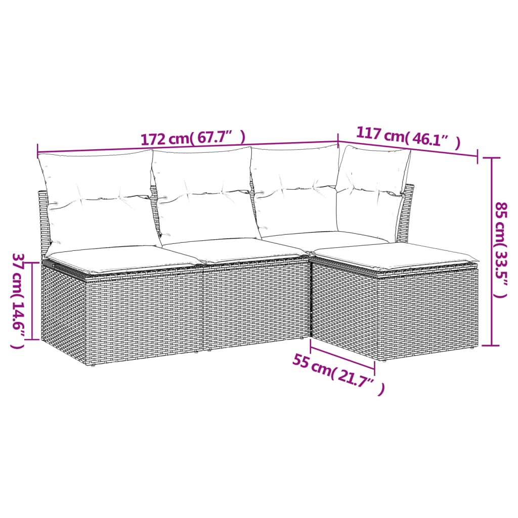 HKH 4 Pcs Conjunto de Sofás para Jardim C/ Almofadões Vime Pe - Bege