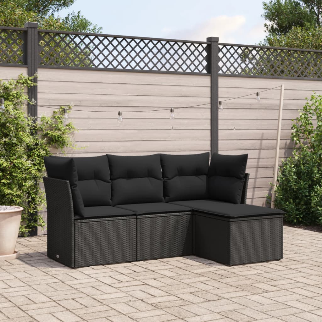 HKH 4 Pcs Conjunto de Sofás para Jardim C/ Almofadões Vime Pe - Preto