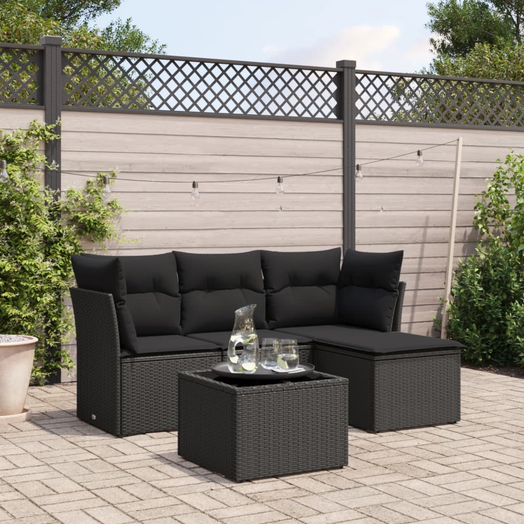 HKH 5 Pcs Conjunto Sofás de Jardim com Almofadões Vime Pe - Preto