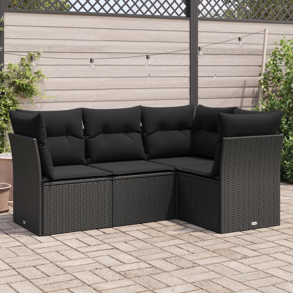 HKH 4 Pcs Conjunto de Sofás para Jardim C/ Almofadões Vime Pe - Preto