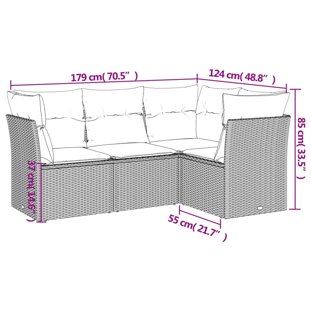 HKH 4 Pcs Conjunto Sofás de Jardim C/ Almofadões Vime Pe - Cinzento