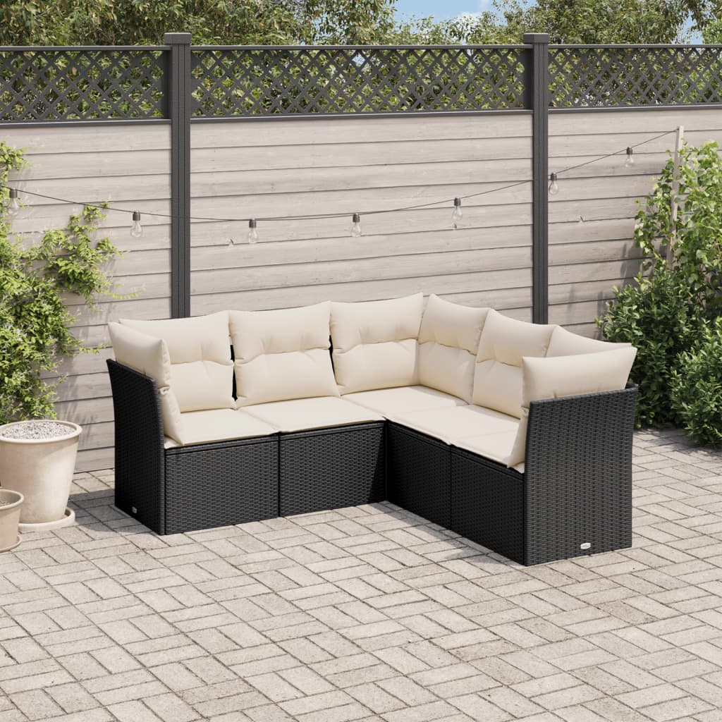 HKH 5 Pcs Conjunto Sofás de Jardim com Almofadões Vime Pe - Preto