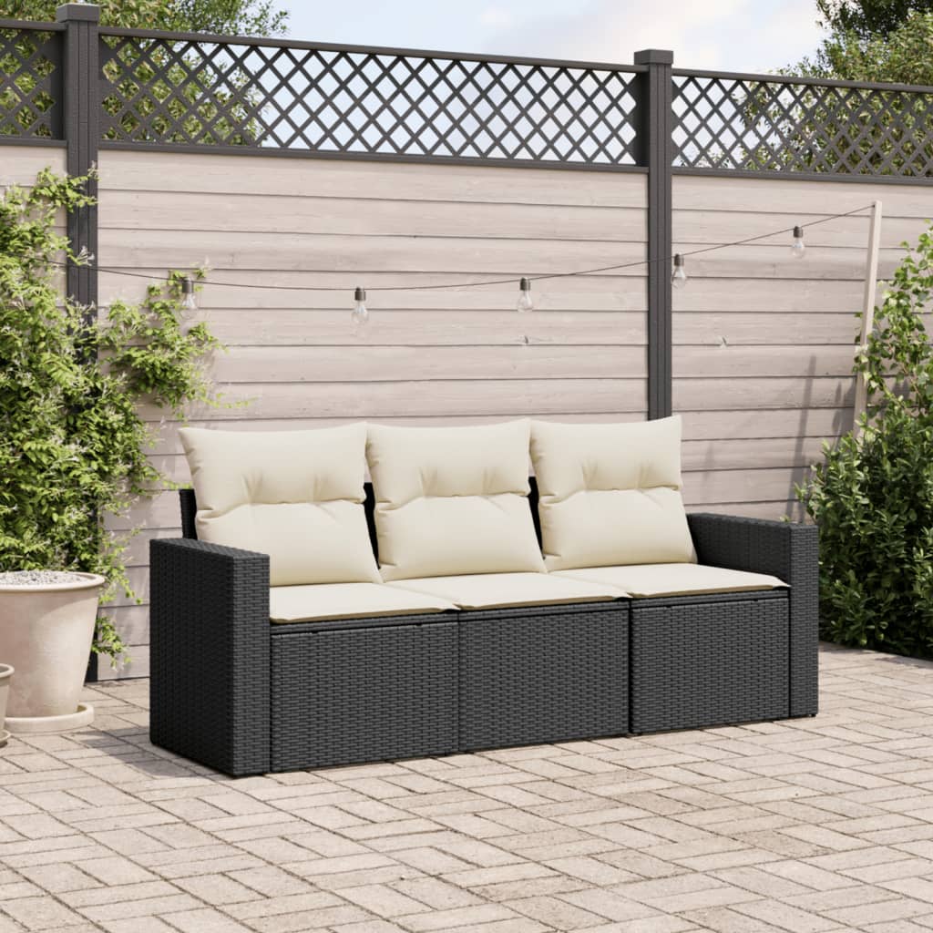 HKH 3 Pcs Conjunto Sofás de Jardim com Almofadões Vime Pe - Preto