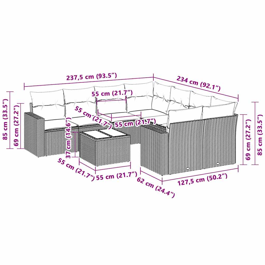 HKH 3 Pcs Conj. Sofás Jardim C/ Almofadões Vime Pe -claro - Cinzento