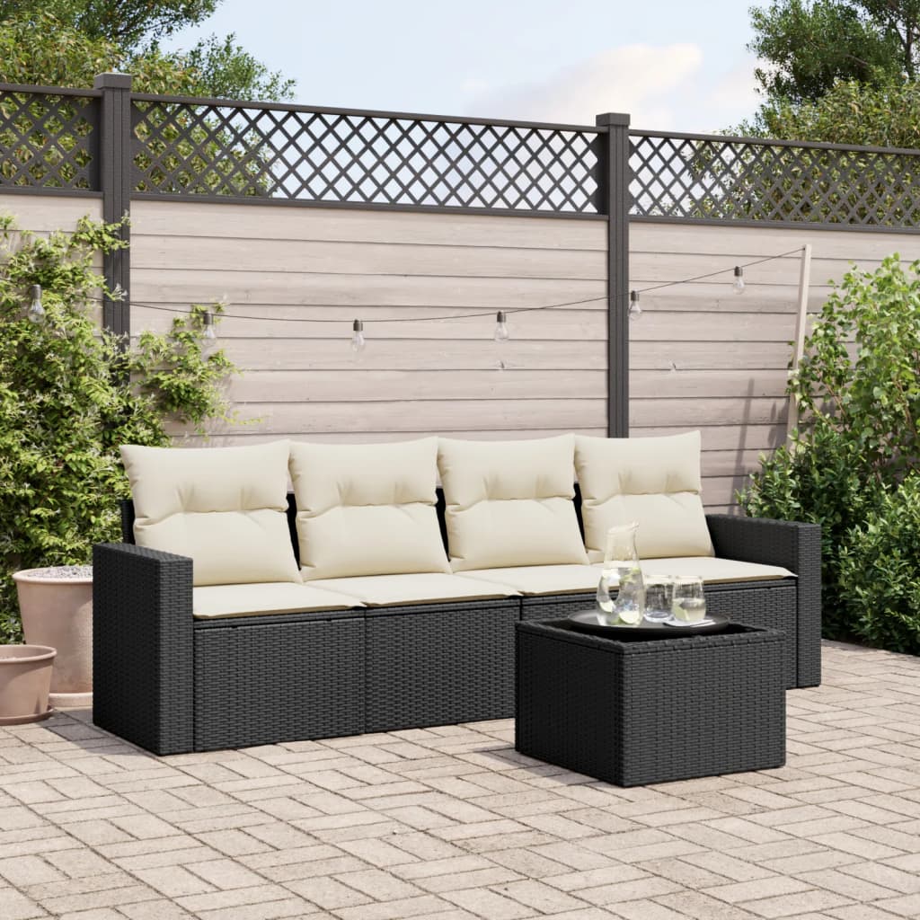 HKH 5 Pcs Conjunto Sofás de Jardim com Almofadões Vime Pe - Preto