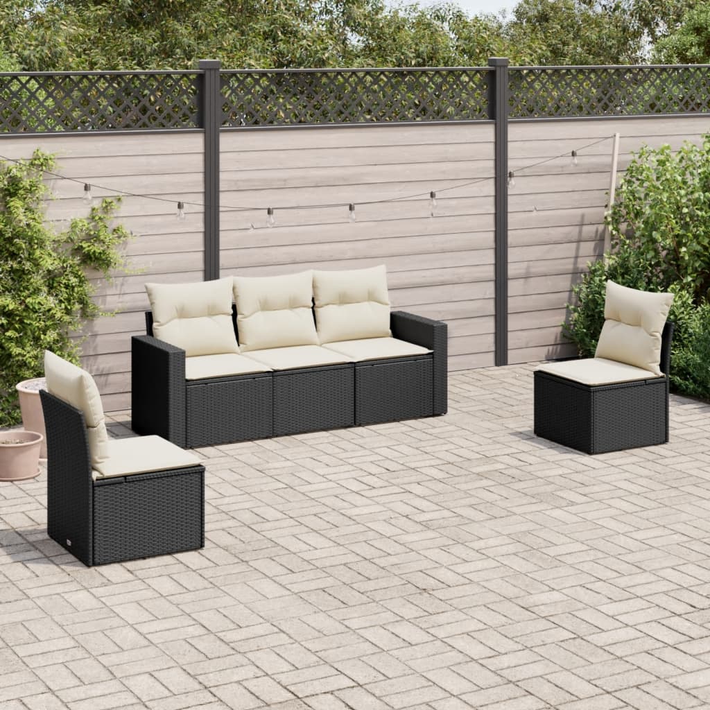 HKH 5 Pcs Conjunto Sofás de Jardim com Almofadões Vime Pe - Preto