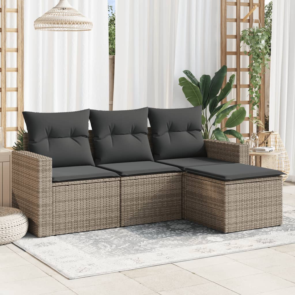 HKH 4 Pcs Conjunto Sofás de Jardim C/ Almofadões Vime Pe - Cinzento