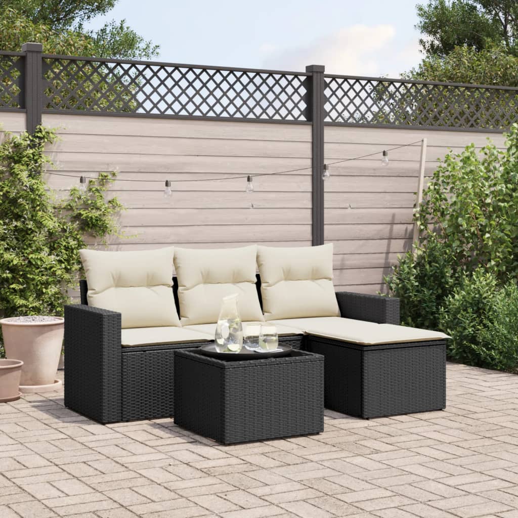 HKH 5 Pcs Conjunto Sofás de Jardim com Almofadões Vime Pe - Preto