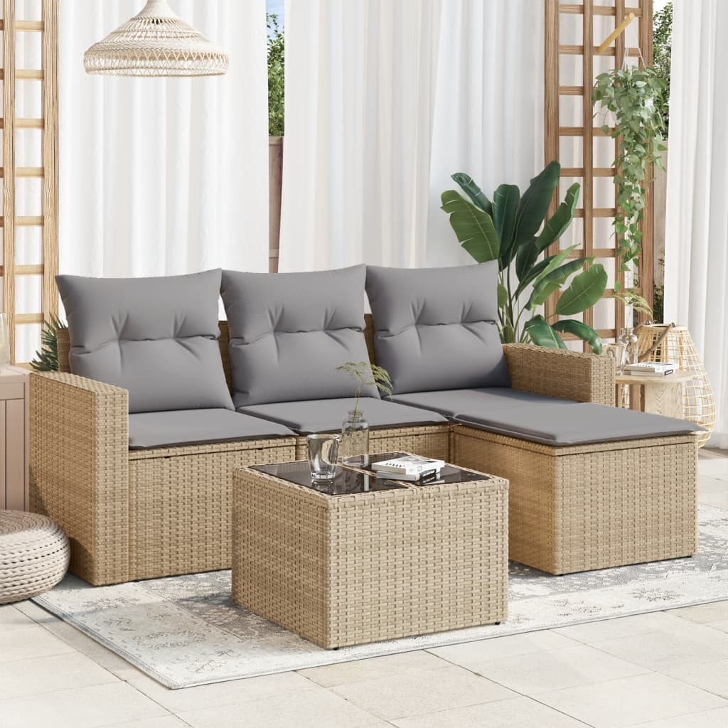 HKH 5 Pcs Conjunto de Sofás P/ Jardim com Almofadões Vime Pe - Bege