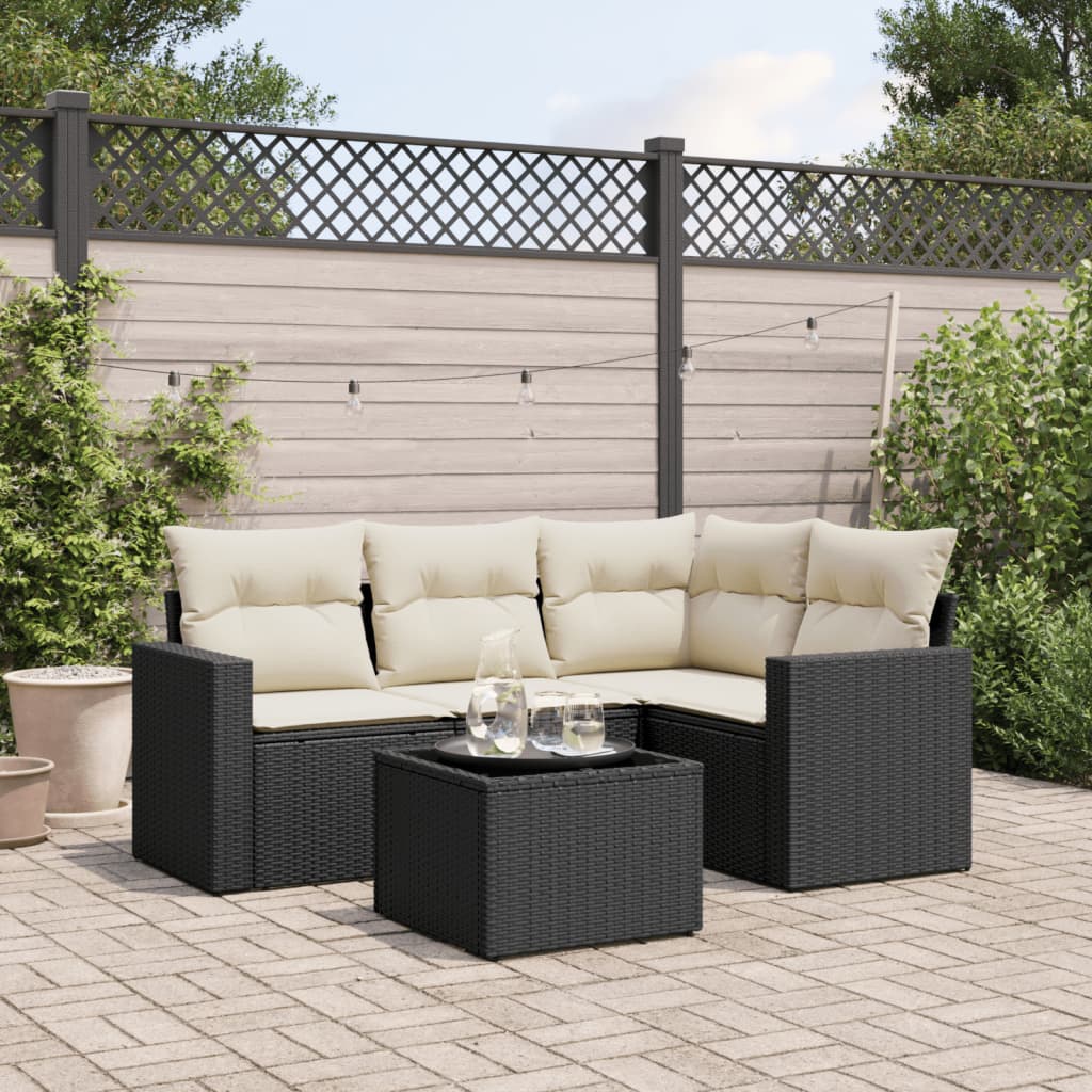 HKH 5 Pcs Conjunto Sofás de Jardim com Almofadões Vime Pe - Preto