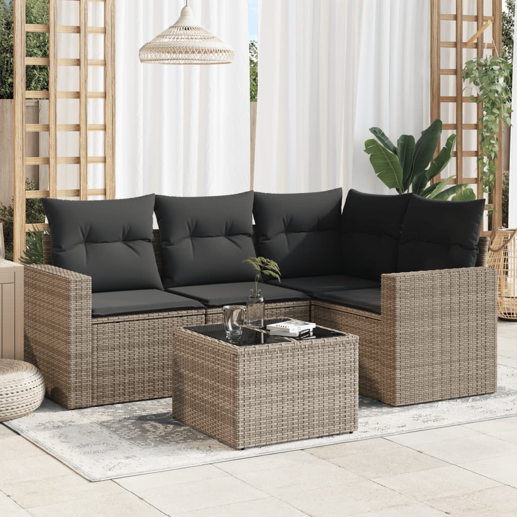 HKH 5 Pcs Conjunto Sofás de Jardim C/ Almofadões Vime Pe - Cinzento