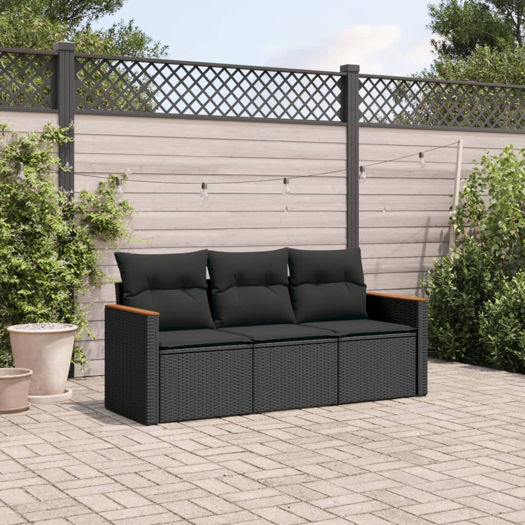 HKH 3 Pcs Conjunto Sofás de Jardim com Almofadões Vime Pe - Preto
