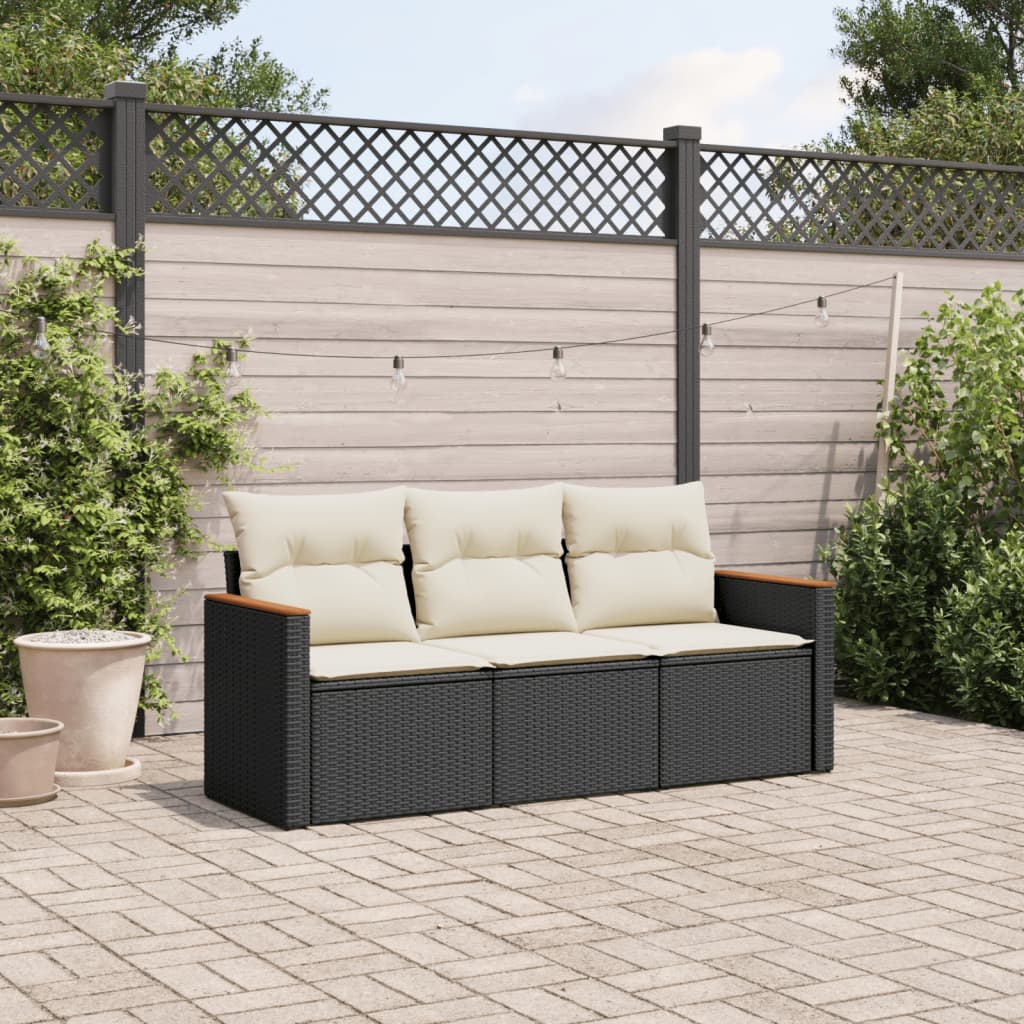 HKH 3 Pcs Conjunto Sofás de Jardim com Almofadões Vime Pe - Preto