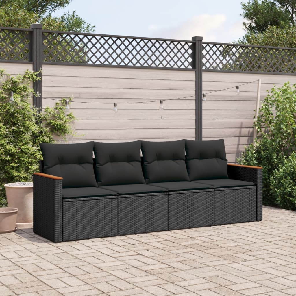 HKH 4 Pcs Conjunto de Sofás para Jardim C/ Almofadões Vime Pe - Preto