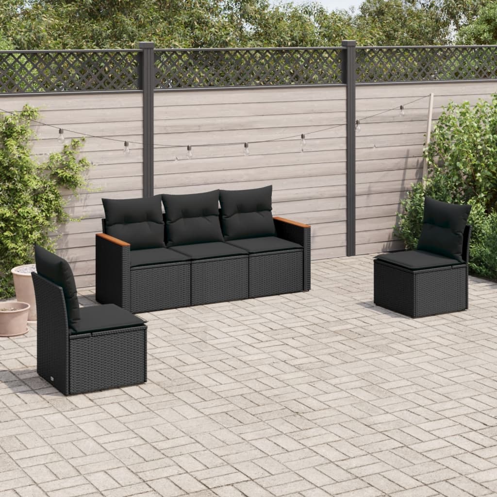 HKH 5 Pcs Conjunto Sofás de Jardim com Almofadões Vime Pe - Preto